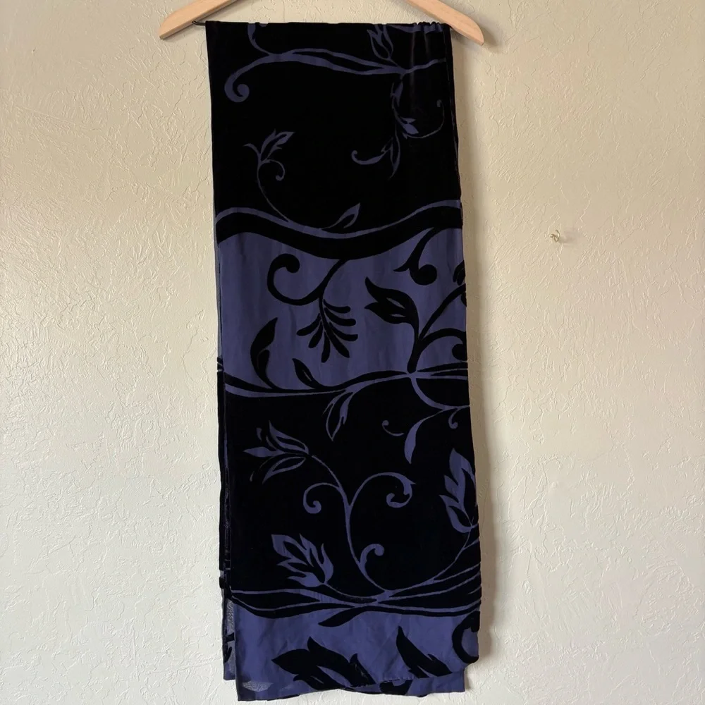 Silk Blend Burnout Velvet Scarf Navy Blue Floral 14x74 Elegant Lightweight